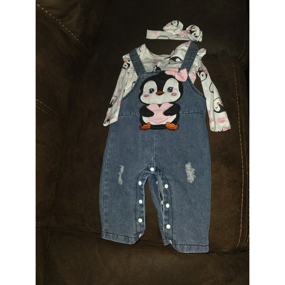 Boutique penguin‎ distressed overalls bodysuit headband size 6 9 months